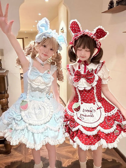 with Cute Dress Lace Baby Strawberry Blue Polka Bow Themed Details Dot Lolita JSK and