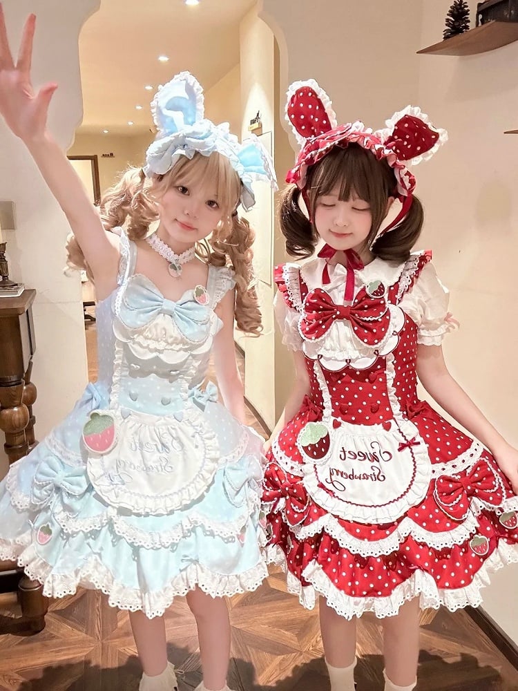 Dress Themed with JSK Dot + Red Polka Lolita and Bunny Hairband Strawberry Ear Vintage Details Lace Bow