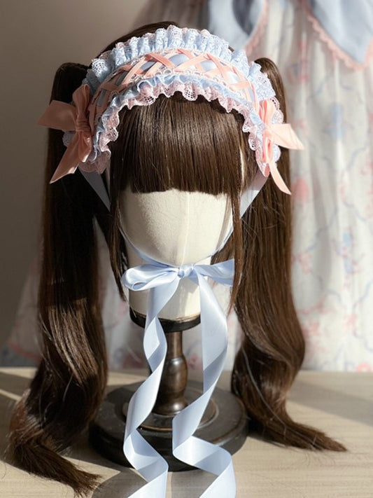Blue Hairband Bowknots Pink Criss-Cross Lace Ribbon with and