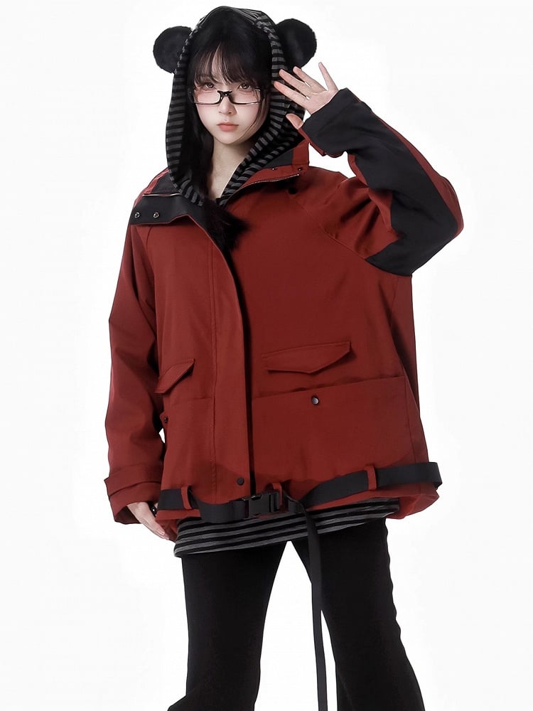 Red and Black Colorblock Sleeves Buckle Strap Unisex Jacket
