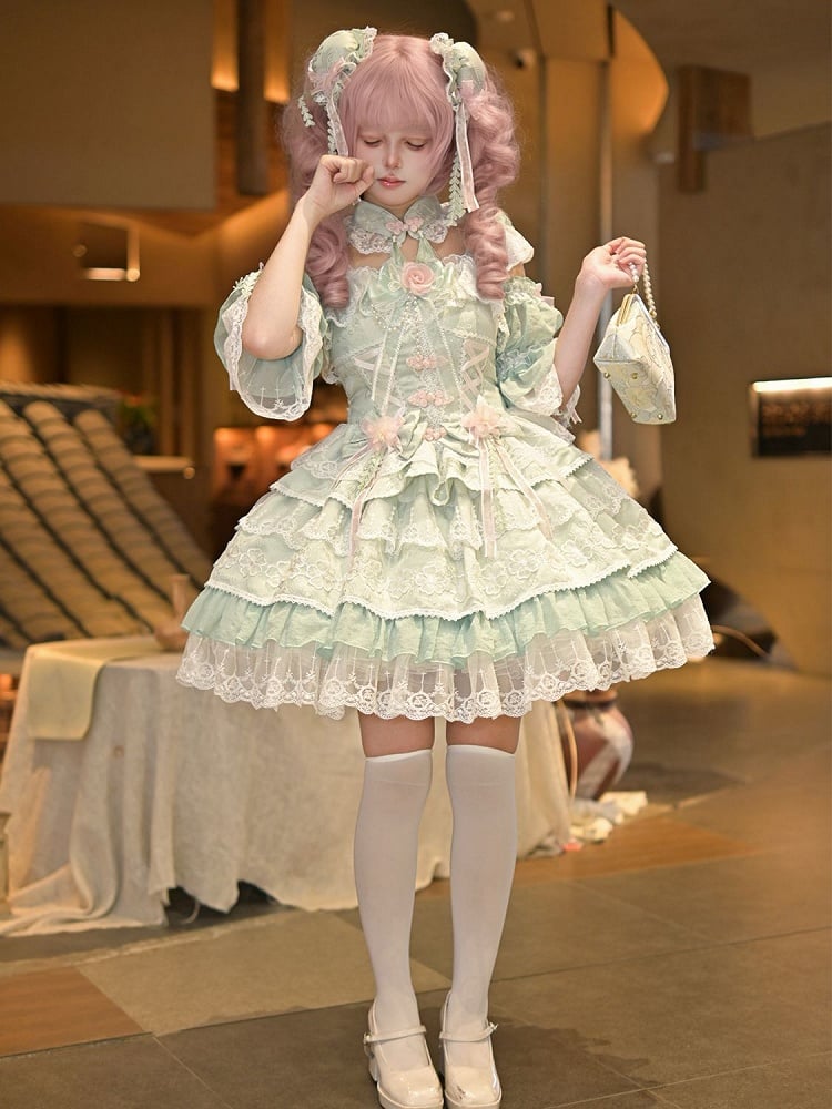 Frog Corset Chinoiserie Button Waist Layered Flower Bows Green Lolita with Dress