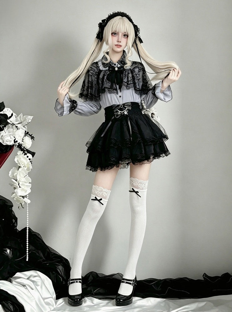 Midnight Blue Lace-Cape Blouse with Long Sleeves - AMAHAKAWA