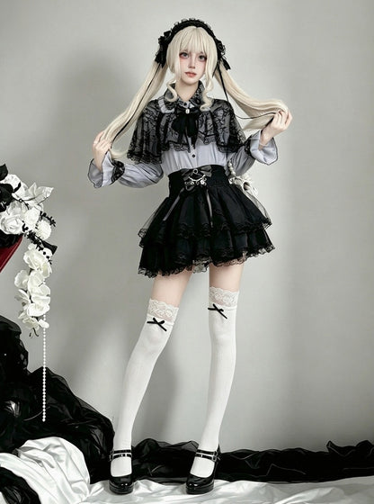 Midnight Blue Lace-Cape Blouse with Long Sleeves - AMAHAKAWA