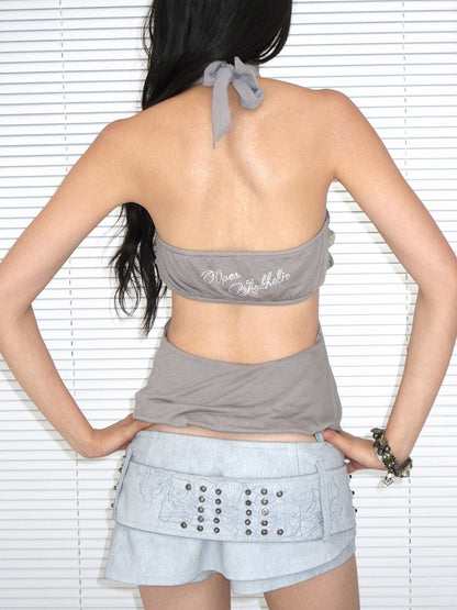 Rhinestone Ruched Sequin Gray Starfish Bralette with Top Halter Accents