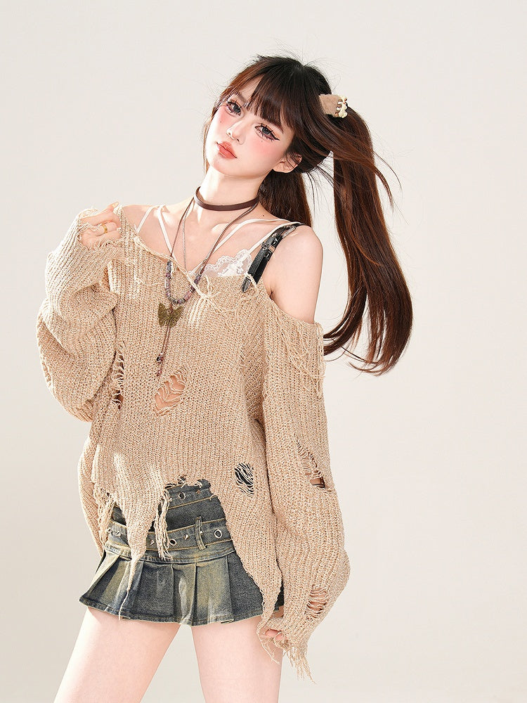 Gestrickter Punk Khaki Asymmetrischer Ausschnitt und Löcher am oberen Saum Wasteland Distressed