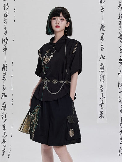 Black Chinese Embroidery Loose-Fit Asymmetrical Short-Sleeve Shirt - Qing Tang Original
