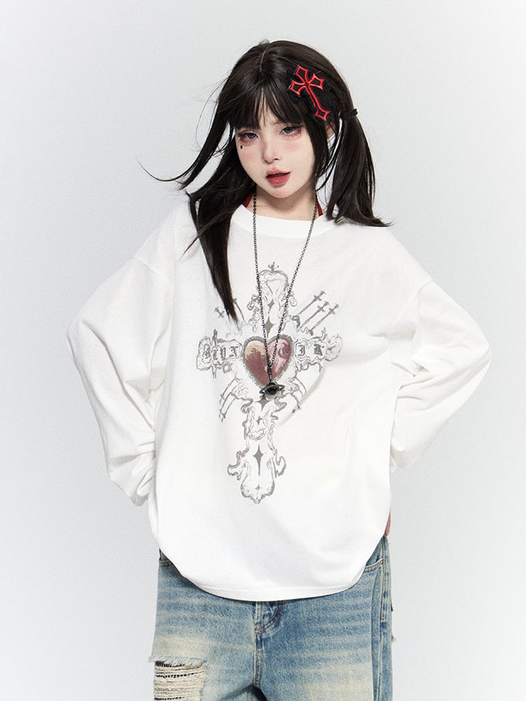 Black White Heart Red Neck Print with Crew Casual Top Cross