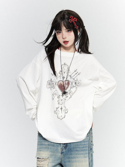 Black White Heart Red Neck Print with Crew Casual Top Cross
