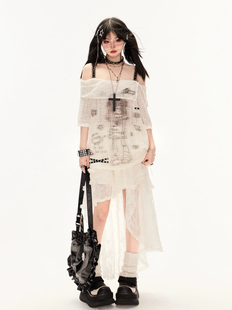 Skirt Apricot Low Hem Waist High-low Tiered Lace Asymmetrical with