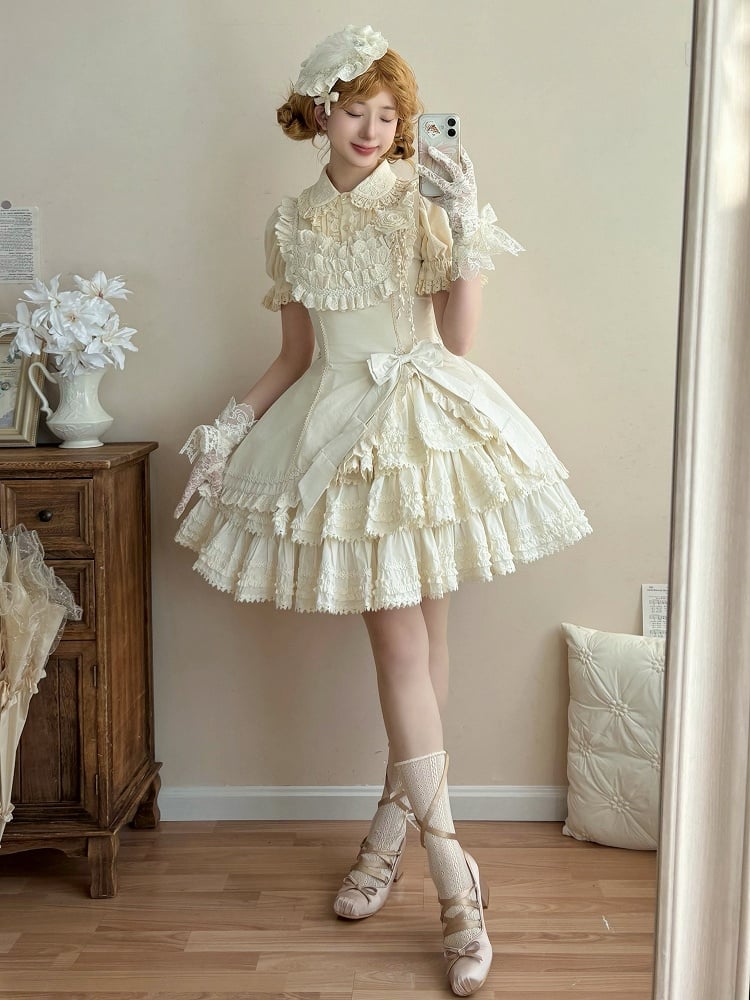 Jumper Slim Lolita Beige Fit Tiered Waist Elegant Skirt