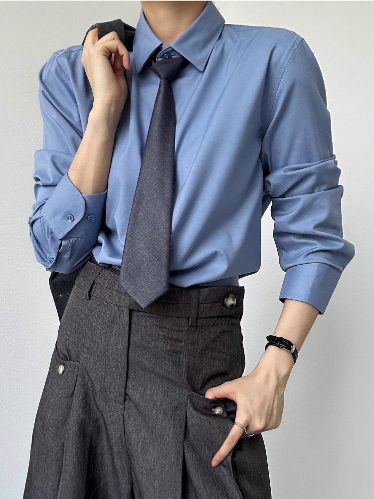 Ouji Long Collar Modal with Flat Unisex Shirt Dusty Blue Sleeve Cuffs Button Pointed Lolita
