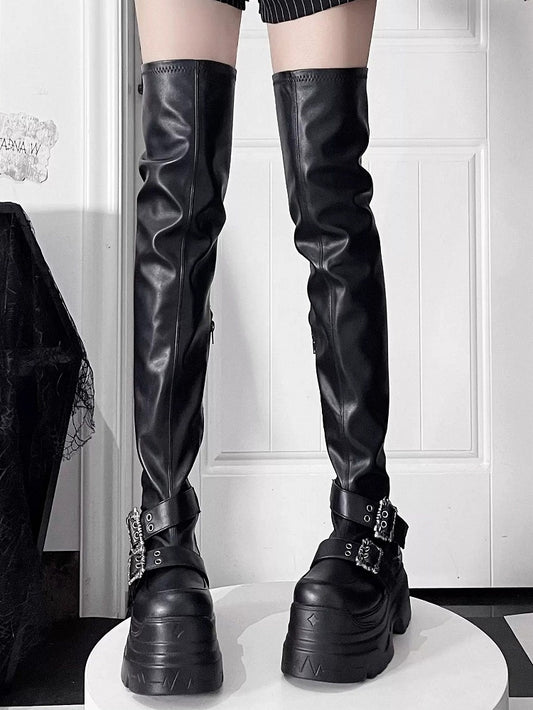 Zipper Boots Knee Platform High Decorative Black - Buckle Punk Matte Side Details Inner