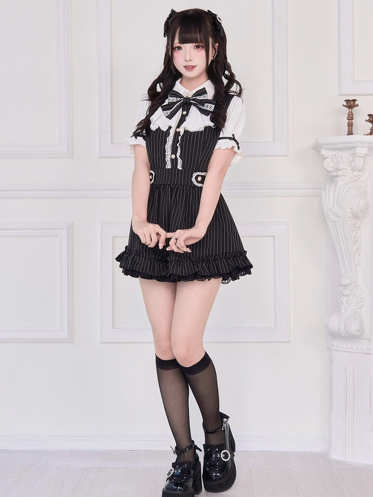 Jirai Kei Black Set: Short Sleeves Dress with Self-tie Back Straps and Shorts Striped