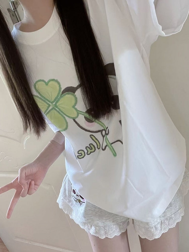 Trim with Shorts Print White Panda Lace