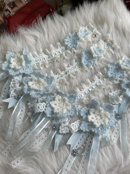 Hairband Lolita Snowflake White Blue with Sweet Knitted Charm Rhinestone