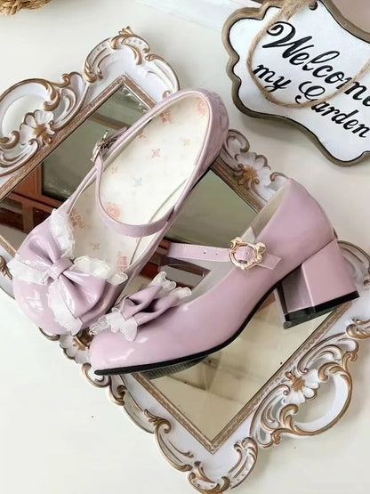 Mary Bow Sweet Mid-heel Accents Toe with Janes Purple Round - PU Lolita