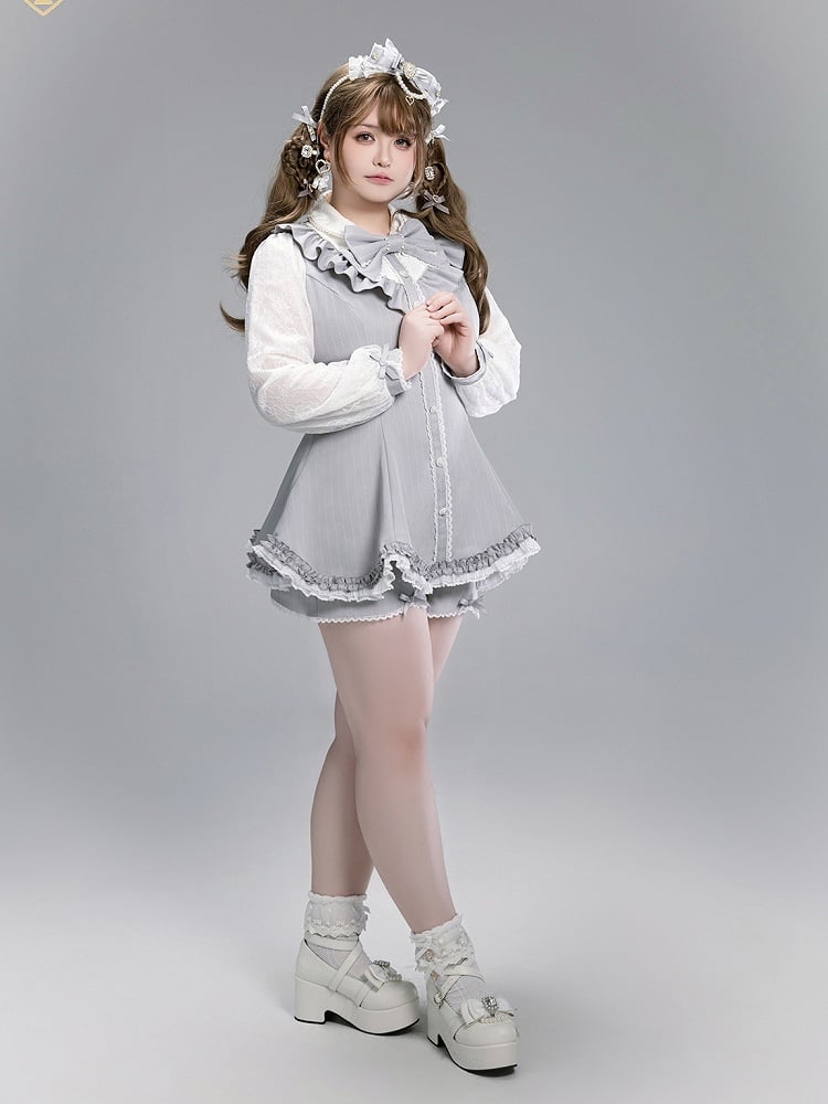 Bow Scalloped Brooch Outfit: with Edge Striped Detachable Shorts Elegant Jirai Gray Kei Top