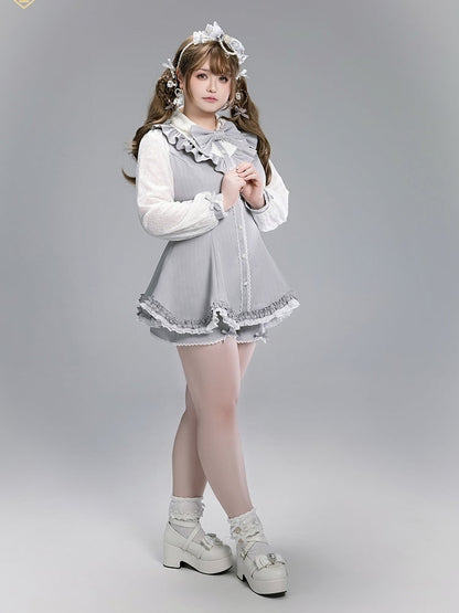 Bow Scalloped Brooch Outfit: with Edge Striped Detachable Shorts Elegant Jirai Gray Kei Top