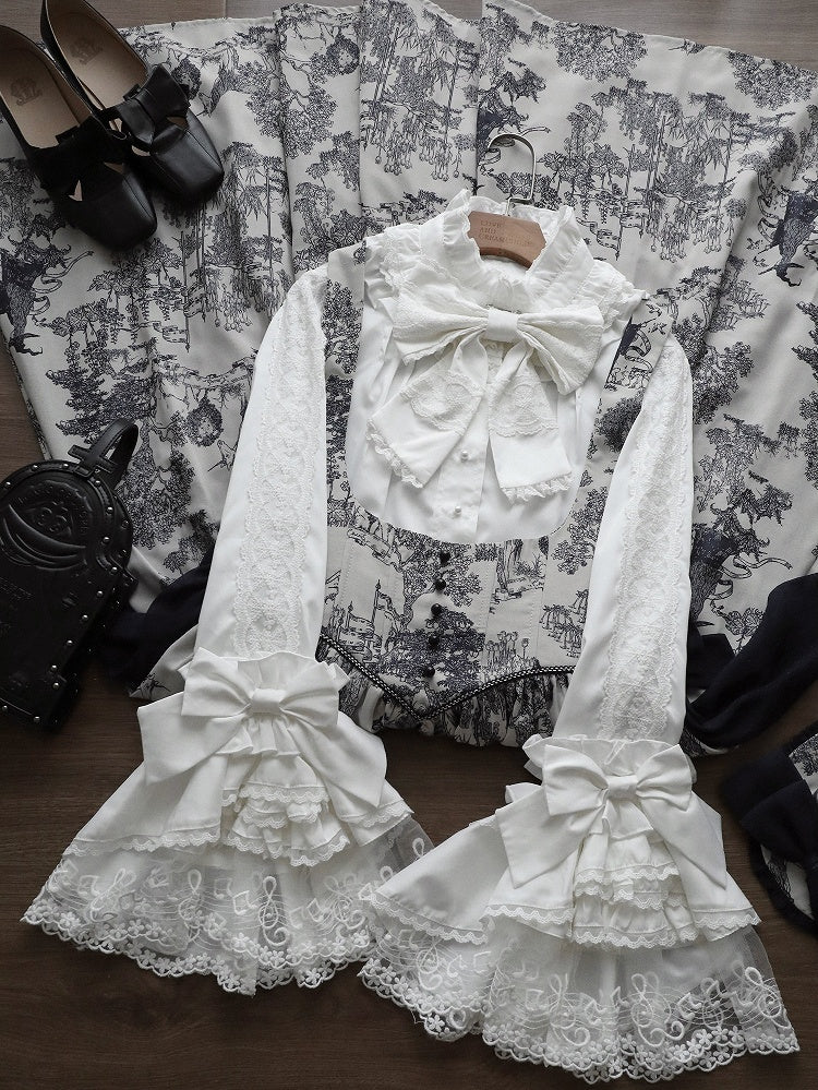 White Bell Sleeves Lace Elegant Lolita Blouse with Bow Tie - NnSTAR