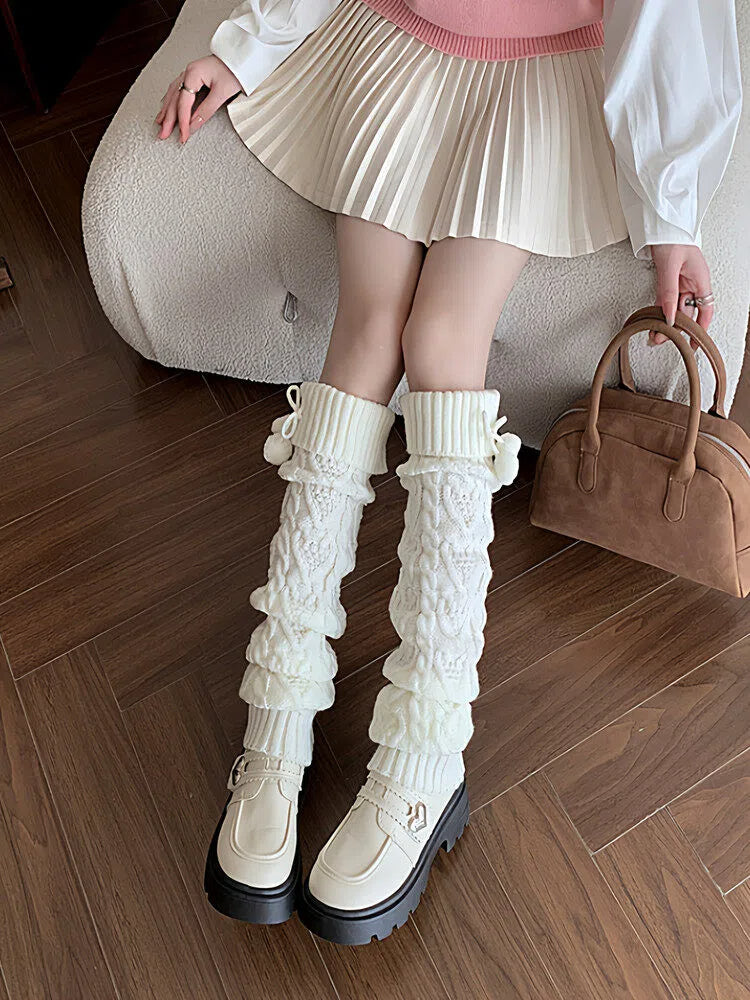 Heart Cable-Knit Pom-Pom Leg Warmers - Kawaii Fairy Kei & Sweet Lolita Accessory, 4 Colors