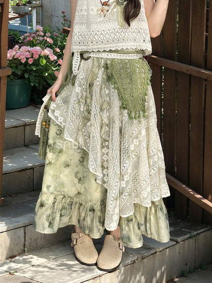 Dye Lace Patchwork Design Long/Short Tie Skirt Version Kei Green Mori