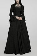 Black Square Neck Long Trumpet Sleeves Rose Print Lace Elegant Gothic Dress