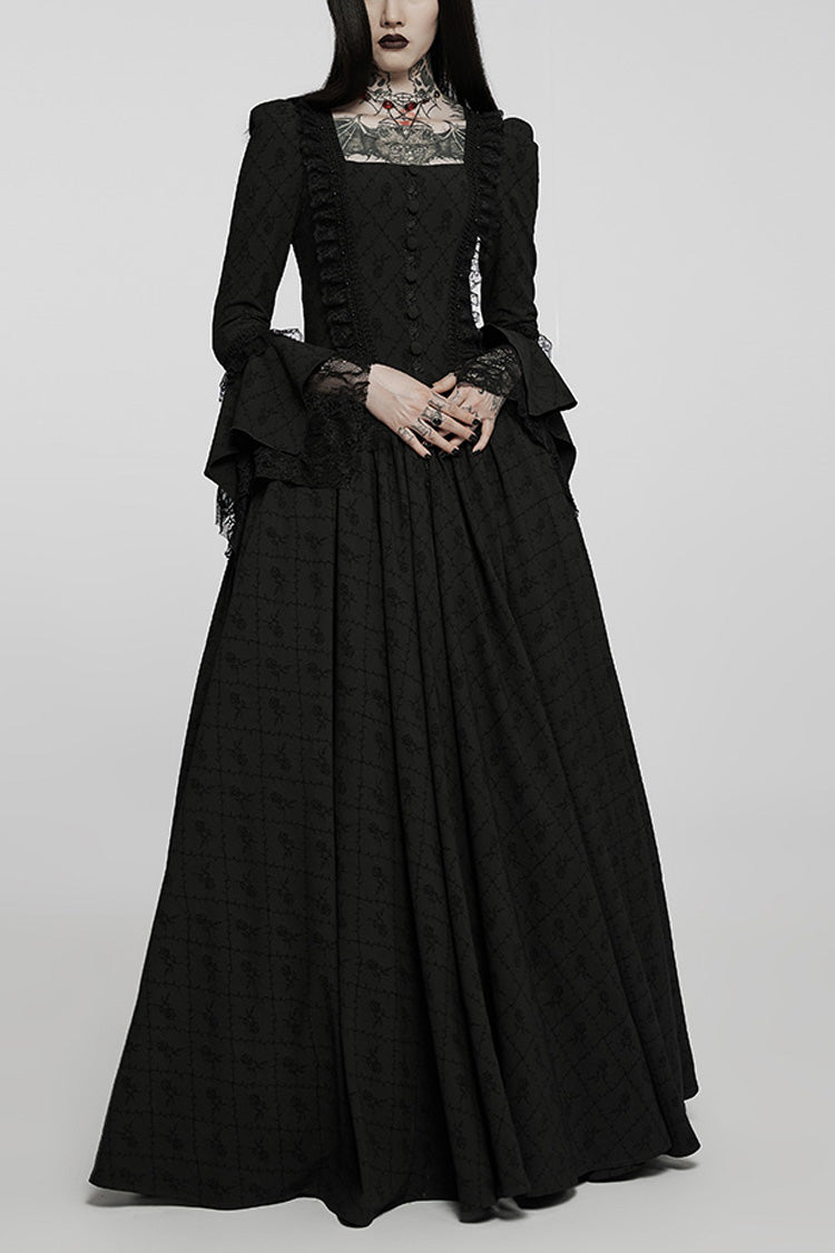 Black Square Neck Long Trumpet Sleeves Rose Print Lace Elegant Gothic Dress