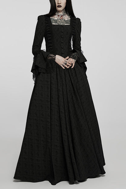 Black Square Neck Long Trumpet Sleeves Rose Print Lace Elegant Gothic Dress