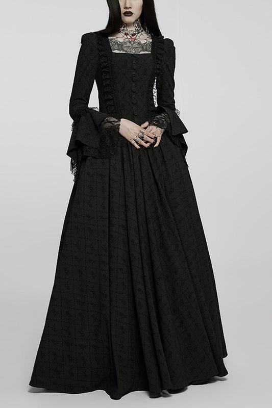 Black Square Neck Long Trumpet Sleeves Rose Print Lace Elegant Gothic Dress