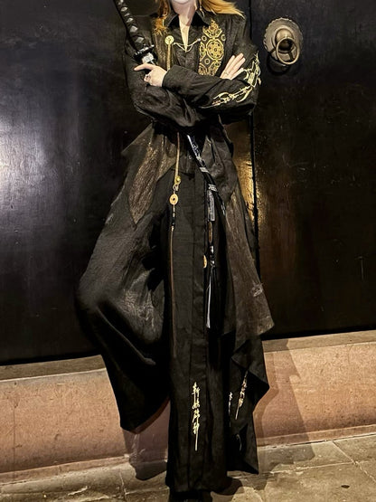 Gothic Chinoiserie Lolita Long Sleeve Blouse and Wide Pants Ensemble - YING YUE