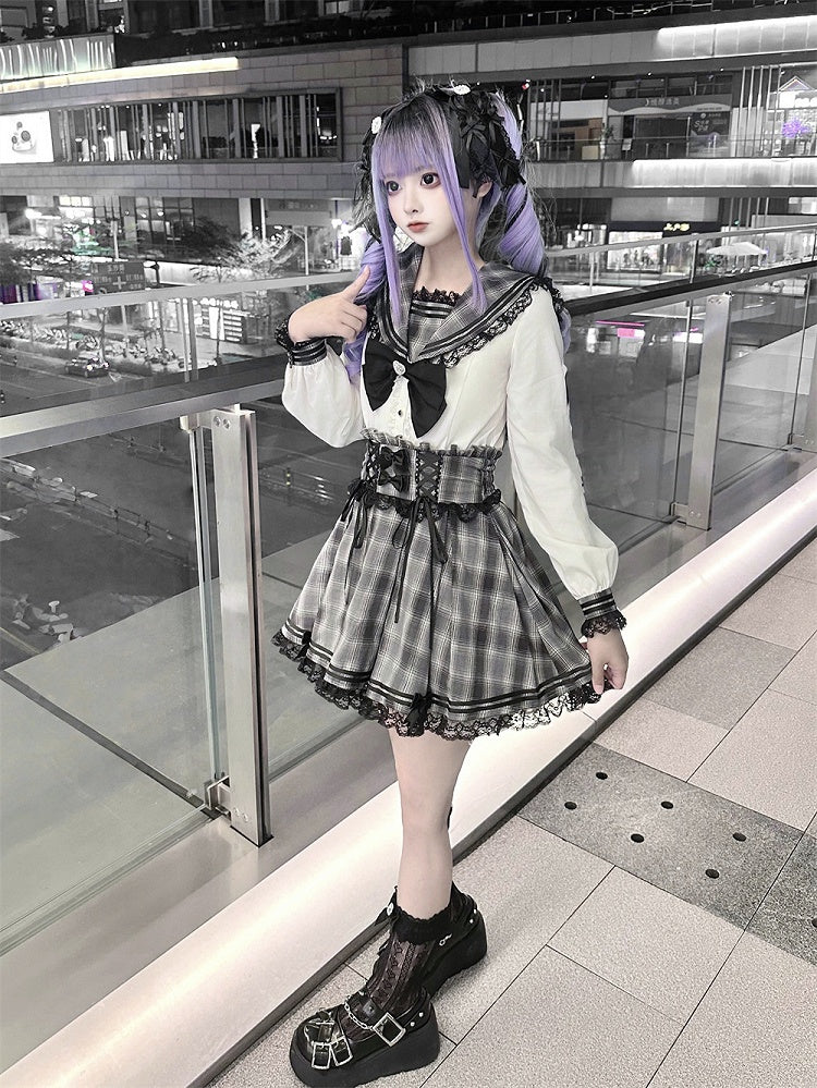 Plaid Gray Kei Style Waist Jirai High Skirt Lace-up with