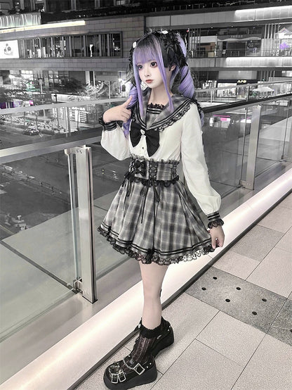 Plaid Gray Kei Style Waist Jirai High Skirt Lace-up with