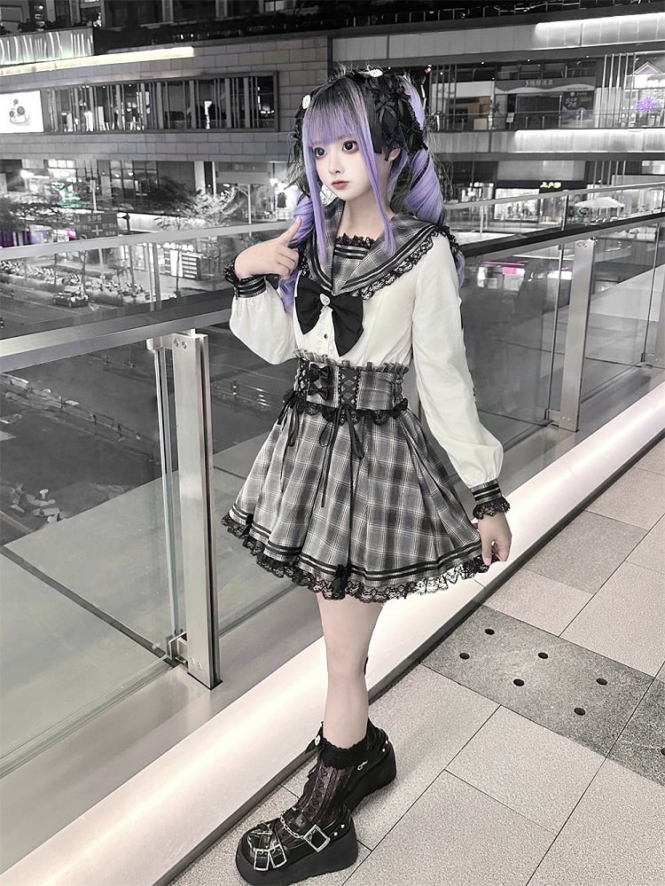 White Gray Kei Long Plaid Collar Sleeves Sailor Blouse Jirai with Bunny-Ear