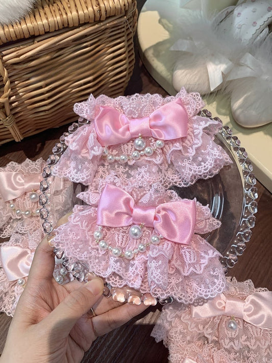 Wrist Pink Layered Cuffs Lace Deep Bead Accent with Bow