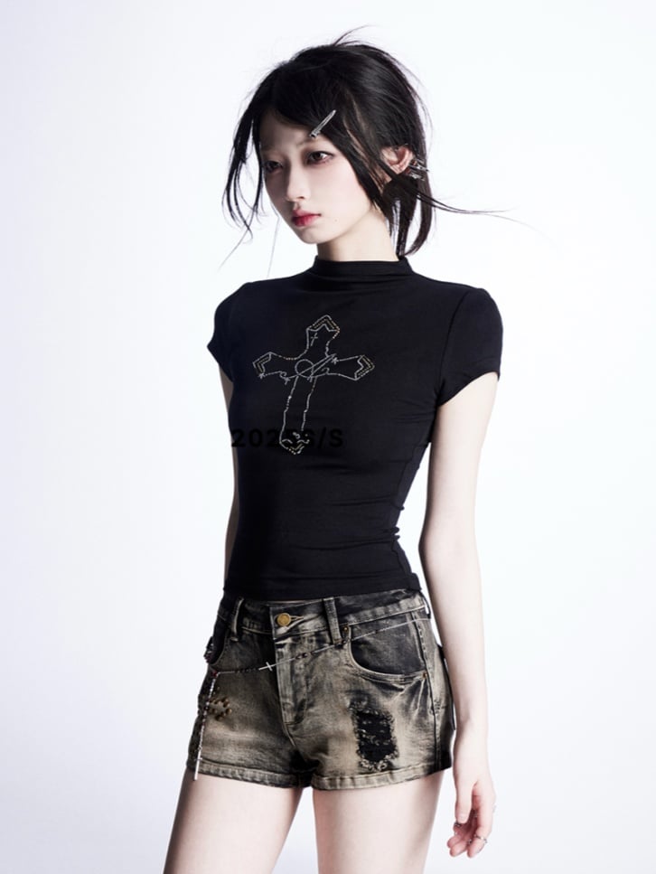 Mock Neck Cross Rhinestones T-Shirt Pink/White/Black