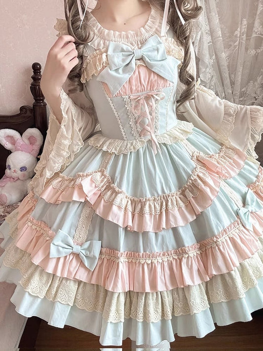 und Candy JSK Süßes Lolita-Kleid mit Schnürung vorne und gewelltem Rand, Farbe Blau, Pink