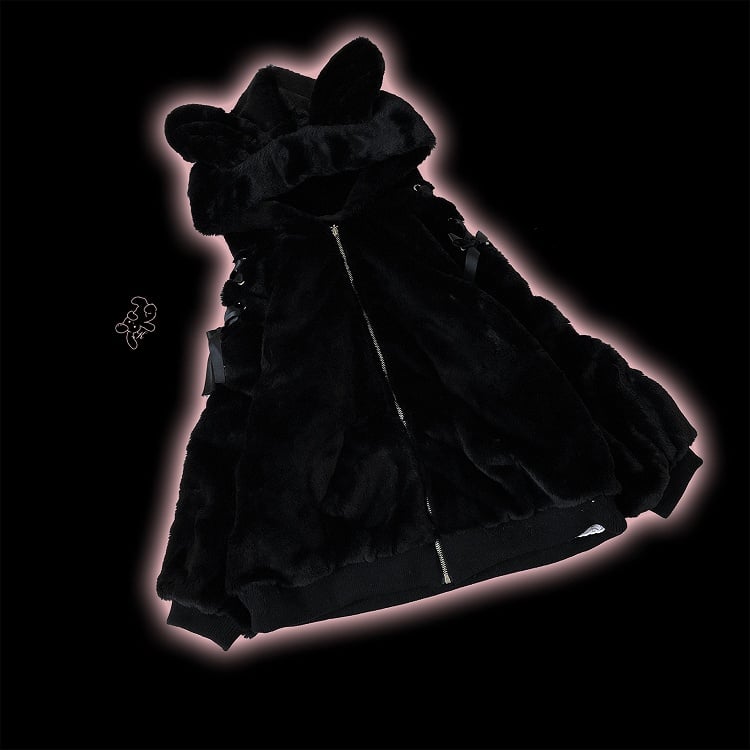 自来也 ピンク バニー耳 フード 地雷風 ぬいぐるみ ジップパーカー