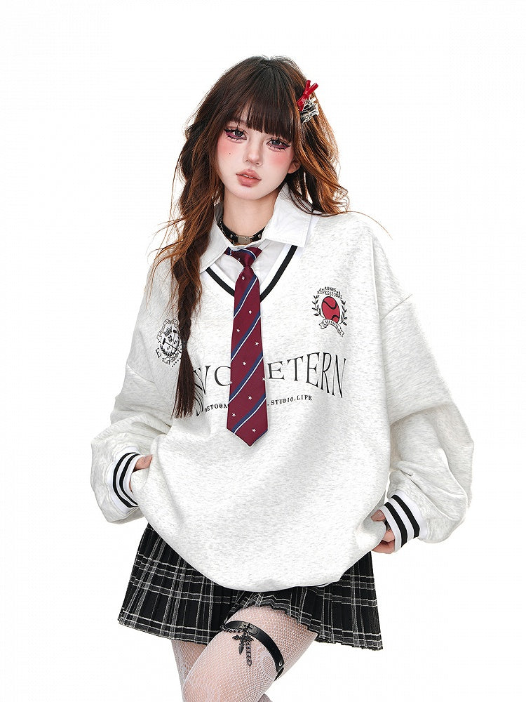 Two-pieces Tie Gray Faux Preppy Polo Collar Loose Sweatshirt with