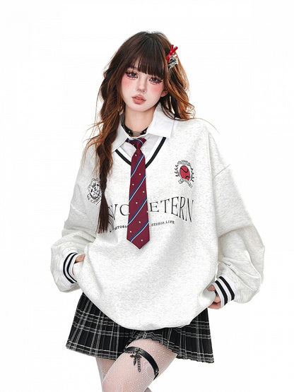 Two-pieces Tie Gray Faux Preppy Polo Collar Loose Sweatshirt with