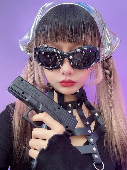 Decorated Black Punk Beaded Rock Sunglasses And Studs