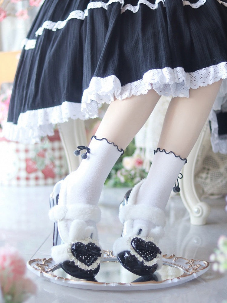 Plush Polka Dot Heart Rabbit Ear Winter Lolita Footwear - Cute Bunny