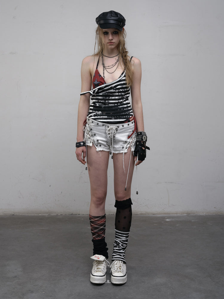 Star-Print Swimsuit Black Bikini with Punk Tie Set Plaid Details Red