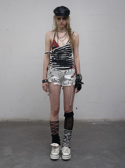 Star-Print Swimsuit Black Bikini with Punk Tie Set Plaid Details Red