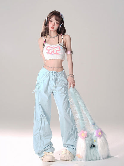 Blue Low Waist Wide-Leg Pants with Asymmetrical Drawstring Bows