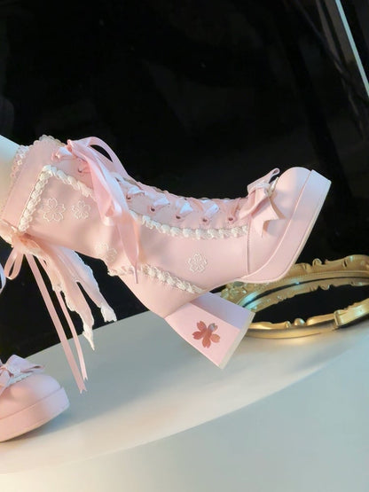 High-heel Embroidery with Lolita Boots Sweet Closure Pink Sakura Dual