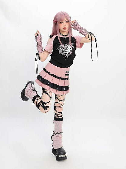 Schnallen Stufenrock Y2K Rot/Pink/Lila Herz Kellerfalte Gefüttert