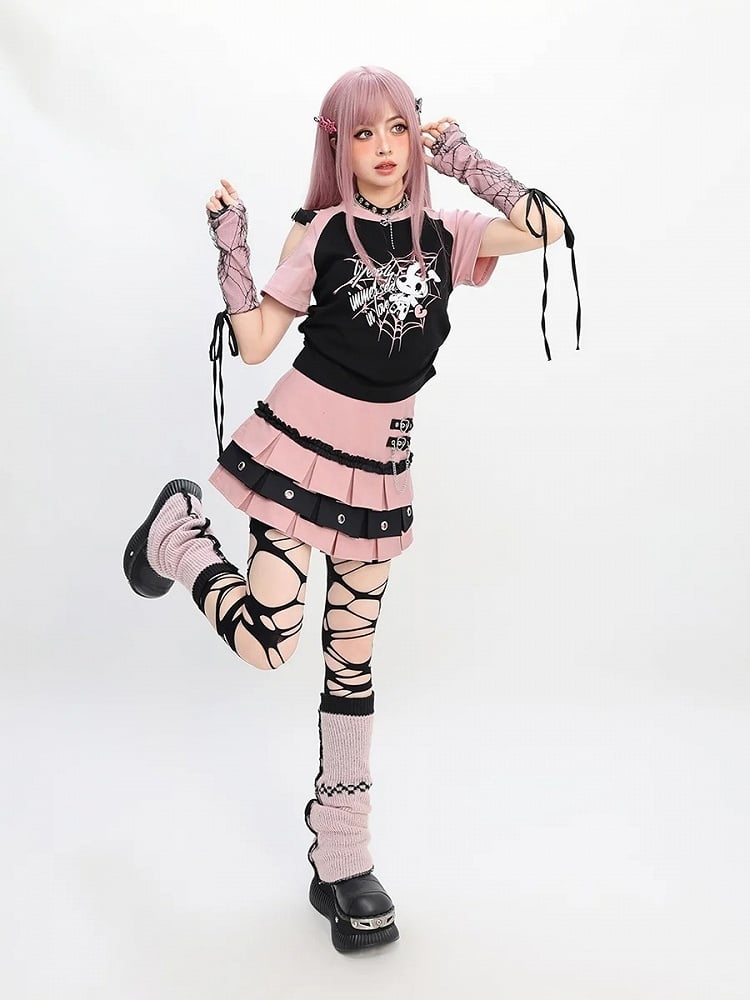 レッド/ピンク/パープルのTシャツプリントスリーブ付きY2Kカットアウトショルダースパイダーウェブ