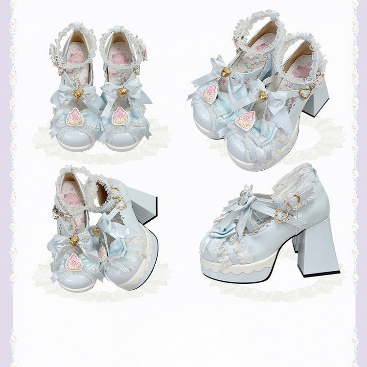 Mary PU Heart Sweet Adjustable Snap Chunky Janes - Blue Heel with Bow Strawberry Lolita