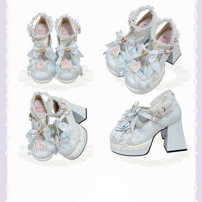Mary PU Heart Sweet Adjustable Snap Chunky Janes - Blue Heel with Bow Strawberry Lolita
