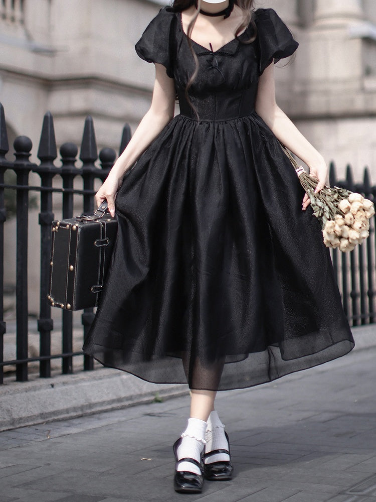 Kleid mit Stäbchen, Puffärmeln, hoher Taille, elegant, schwarze Ärmel